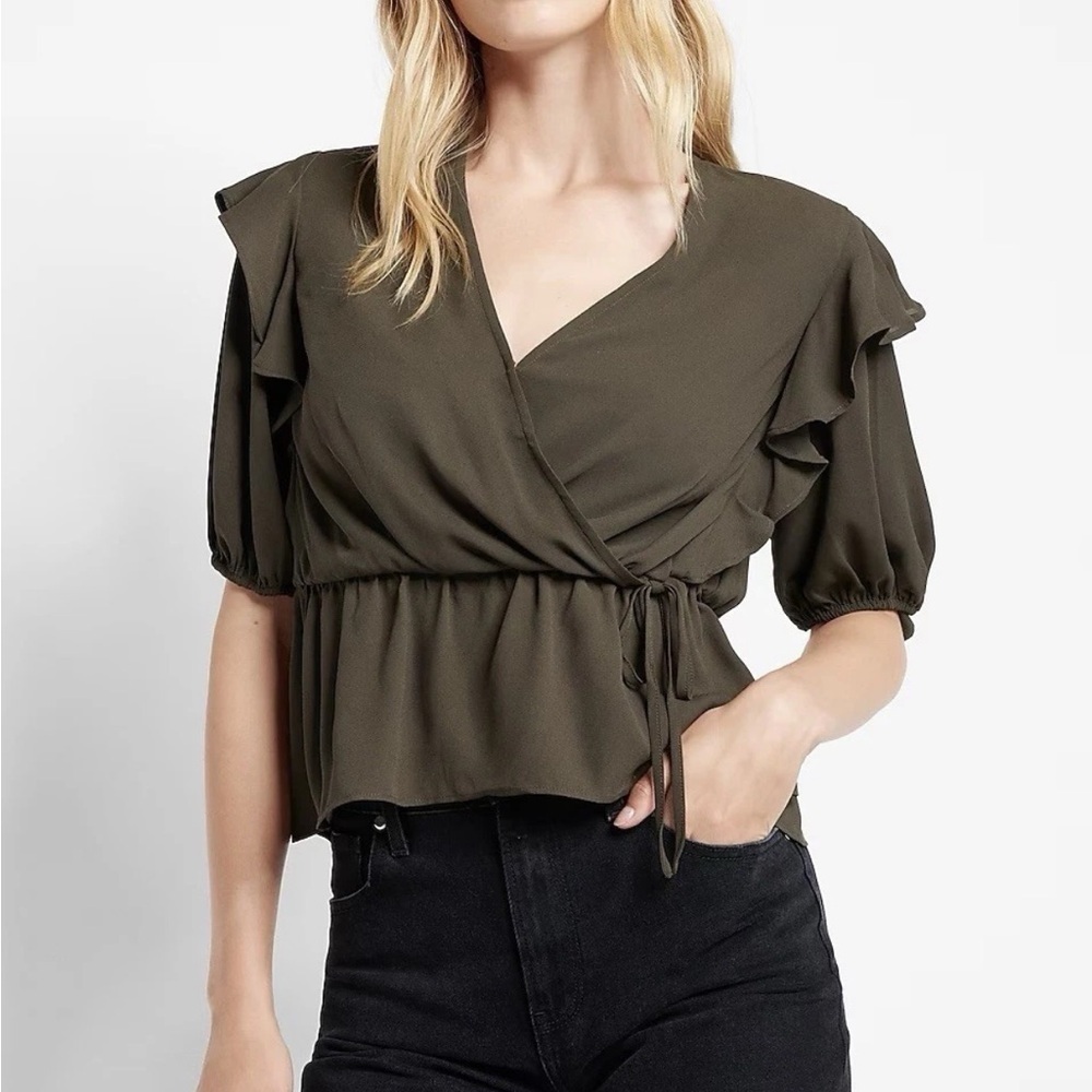 Express Women's Top Size XS Faux Wrap Puff Sleeves Peplum Olive Green NWT $54
